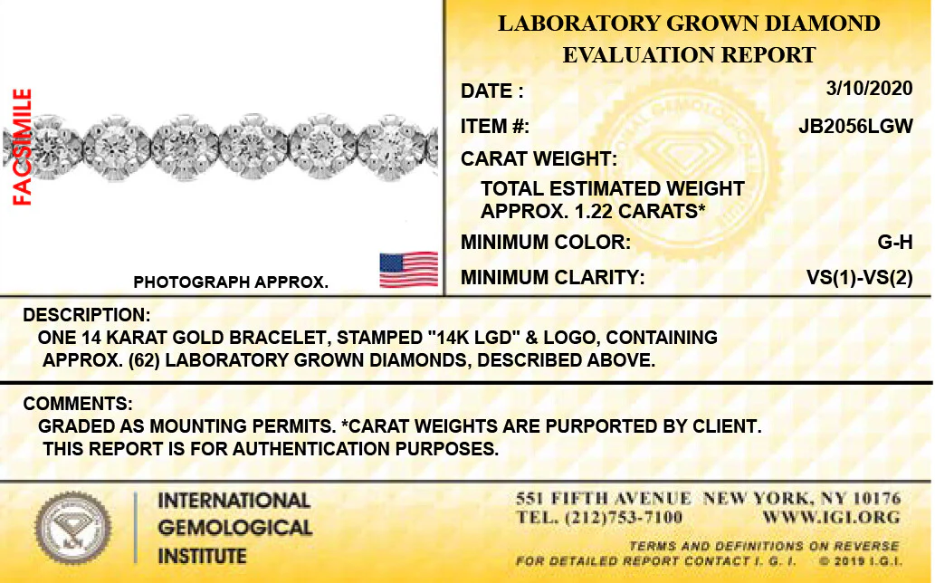14K White Gold Lab Grown Diamonds 1-1/5 Ct Tennis Bracelet with IGI Certificate - Image 4