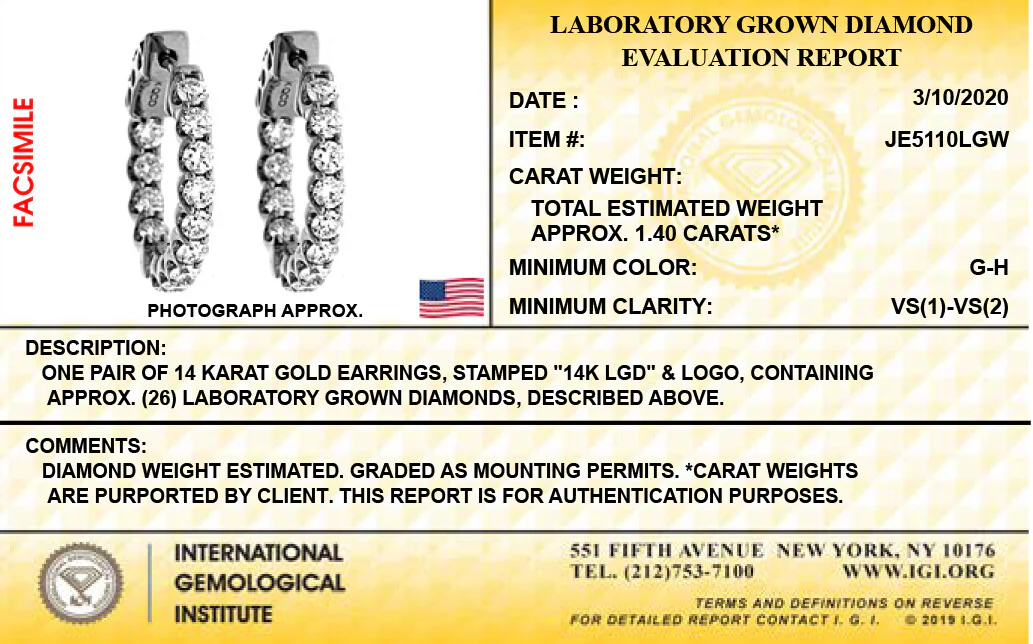 14K White Gold Lab Grown Diamond 1-3/8 Ct Hoop Earrings.  IGI Certified  G-H  VS1-VS2, 1.5cm Diameter - Image 4