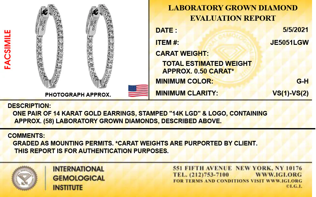 14K White Gold Lab Grown Diamond 1/2 Ct Inside Out Hoop Earrings, 2cm Diameter with IGI Certificate - Image 4