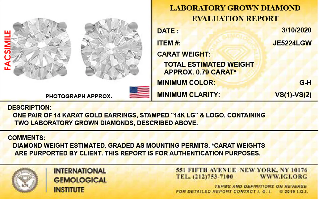 14K White Gold Lab Grown Diamond 3/4Ct Stud Earring, G-H Color, VS1-VS2 Clarity, IGI Certified Unisex Studs - Image 3