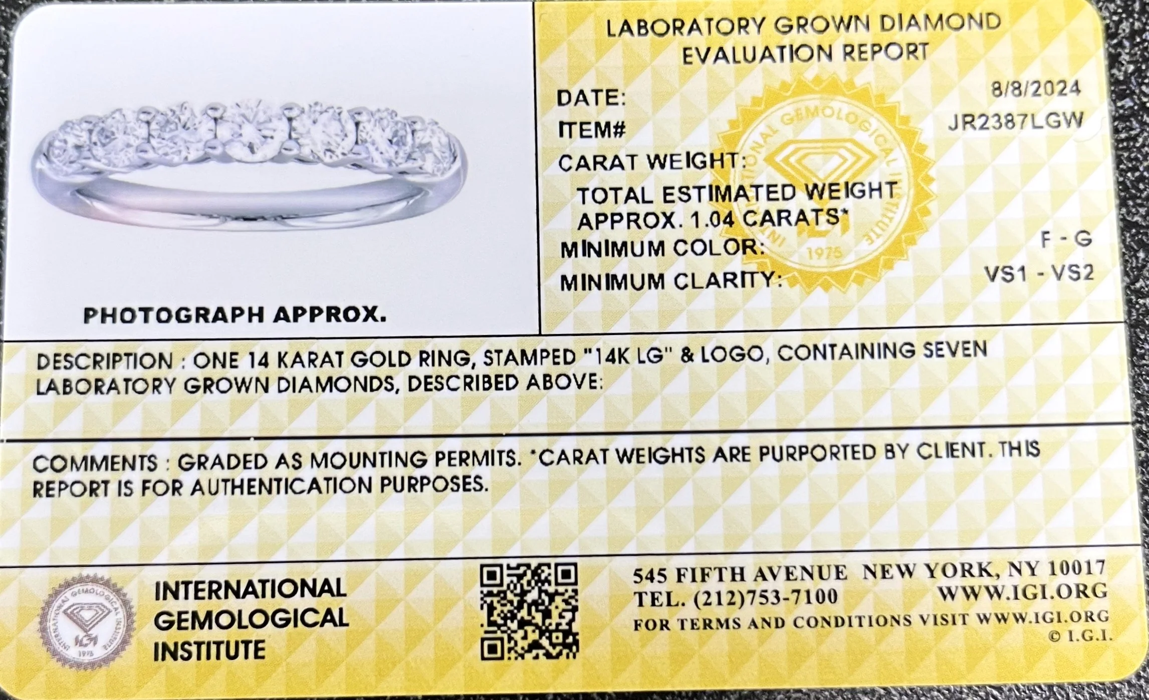 14K White Gold Lab Grown Diamond 1.04 Ct Band Ring. F-G Color, VS1-VS2 Clarity - Image 3