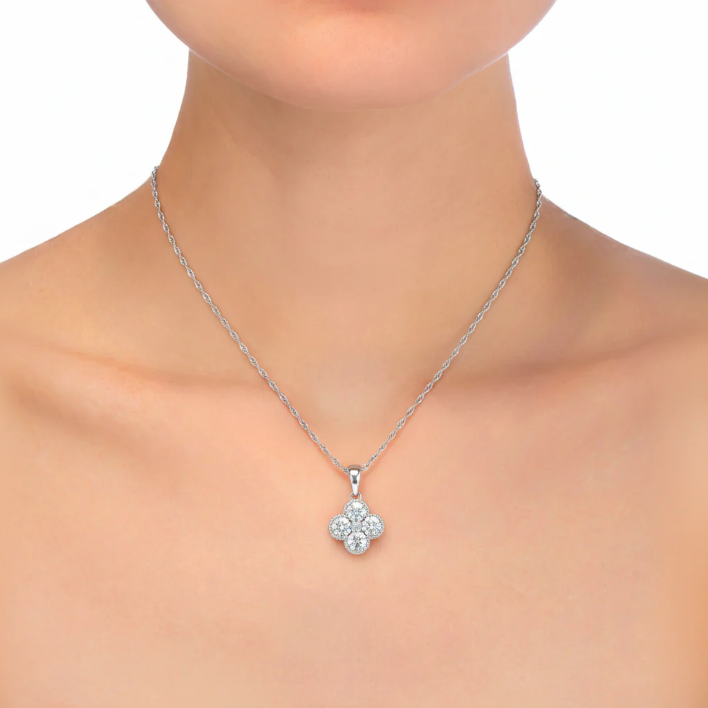 14K White Gold Lab Grown Diamond 1.07 Ct Four Leaf Clover Pendant Necklace - Image 3