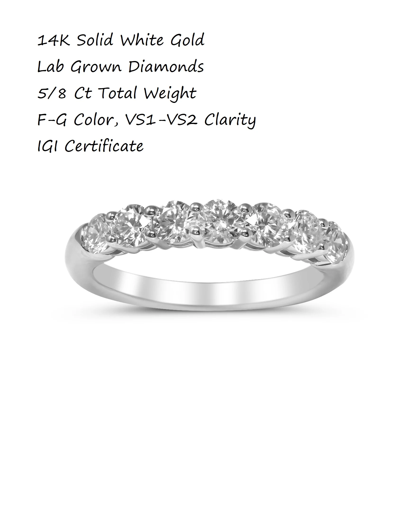 14K White Gold Lab Grown Diamond 5/8 Ct Band Ring. F-G Color, VS1-VS2 Clarity - Image 3