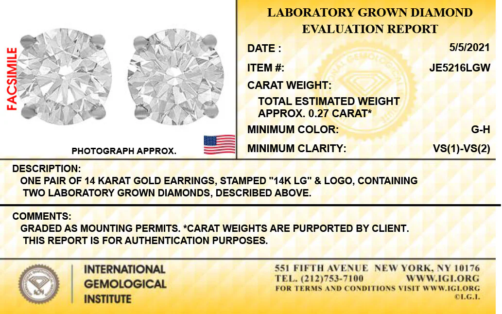 14K White Gold Lab Grown Diamond Stud Earrings, 1/4 Ct Total, G-H Color VS1-VS2 Clarity, IGI Certified - Image 3