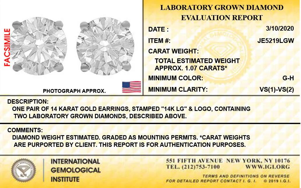 14K White Gold Lab Grown Diamond Stud Earrings. IGI Certified, 1.07 CT Total - Image 3