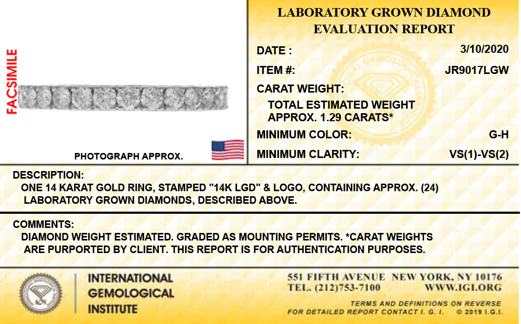 14K White Gold Lab Grown Diamond  1-1/3 Ct Eternity Band Ring. Size 7, IGI Certified G-H, VS1-VS2 - Image 4