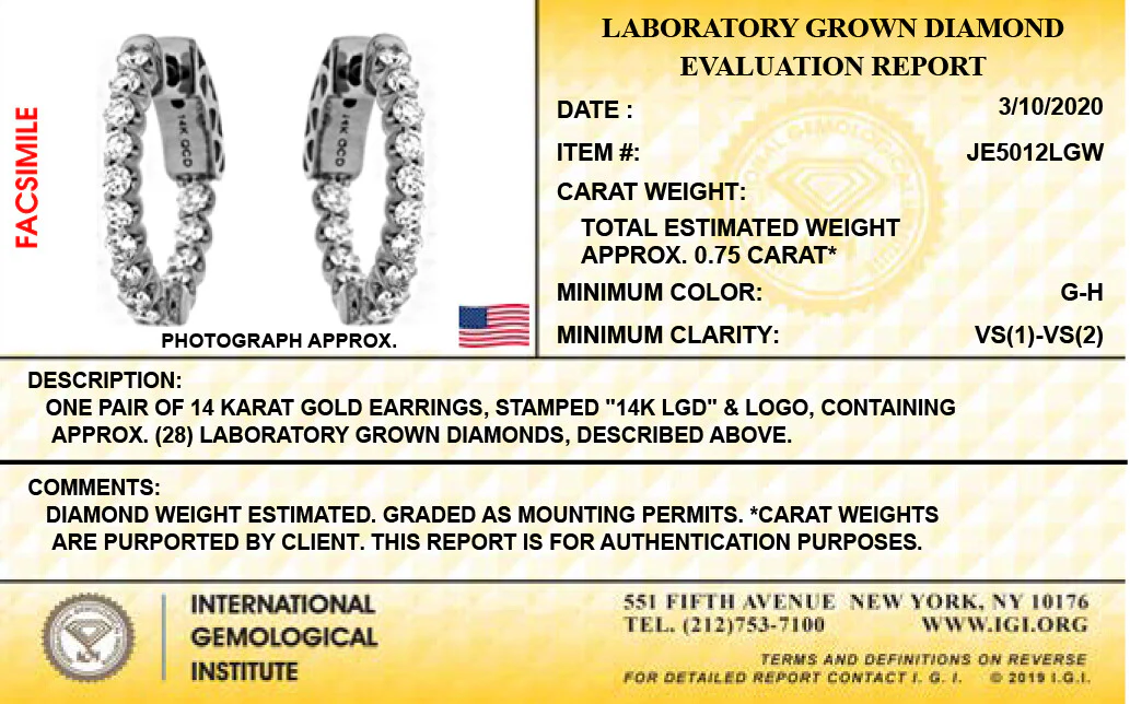 14K White Gold Lab Grown Diamond 3/4 Ct inside out Hoop Earrings, 2cm Diameter, IGI Certificate - Image 4