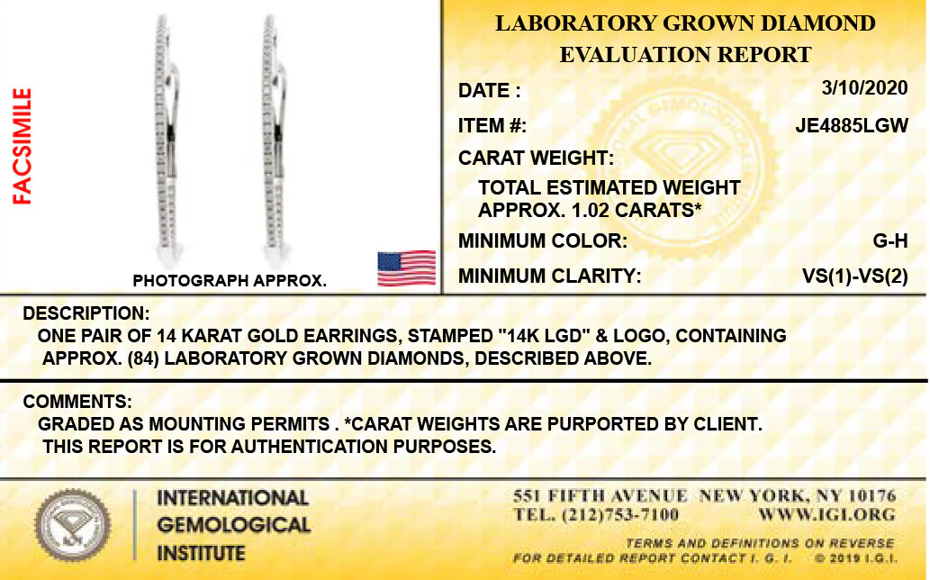 14K White Gold Lab Grown Diamond 1.02 Ct Hoop Earrings, 2 cm Diameter with IGI Certificate - Image 4
